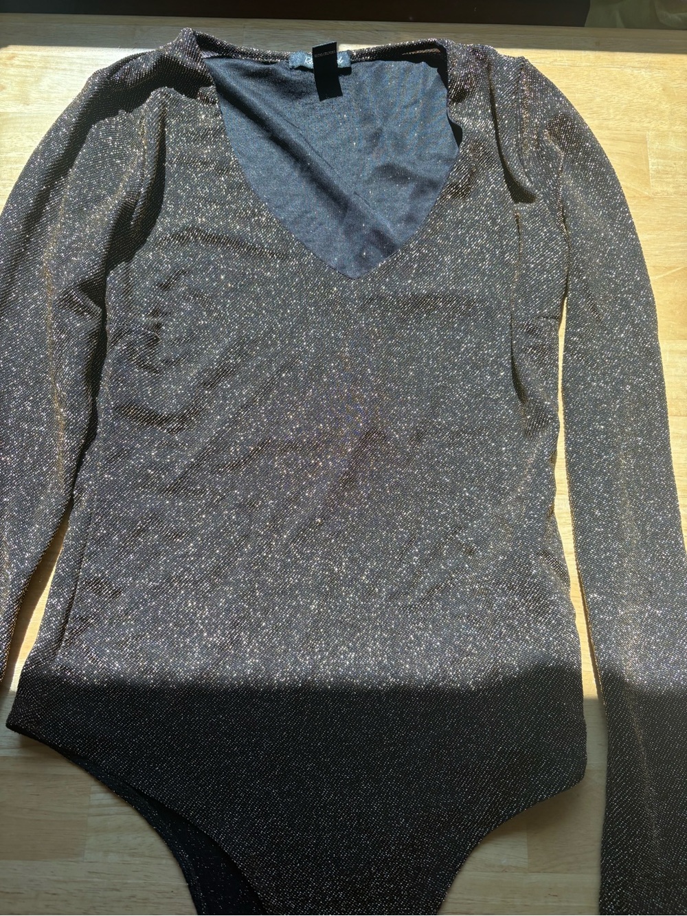 Sparkle V-Neck Long Sleeve Bodysuit - Black with Metallic Lurex